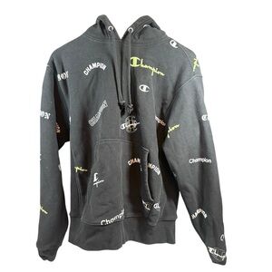 Champion Black Hoodie with White and Yellow Logos